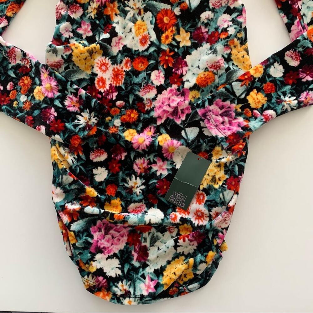 Wild Fable Black Multicolor Floral Velour Off Shoulder Long Sleeve Mini Dress - Picture 3 of 10